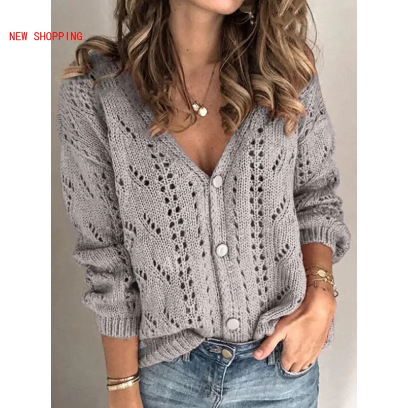 Fashion Blue Hollow Out Womens Cardigans Autumn Winter Round Neck Button Up Knitted Sweaters Ladies Casual Knitwear