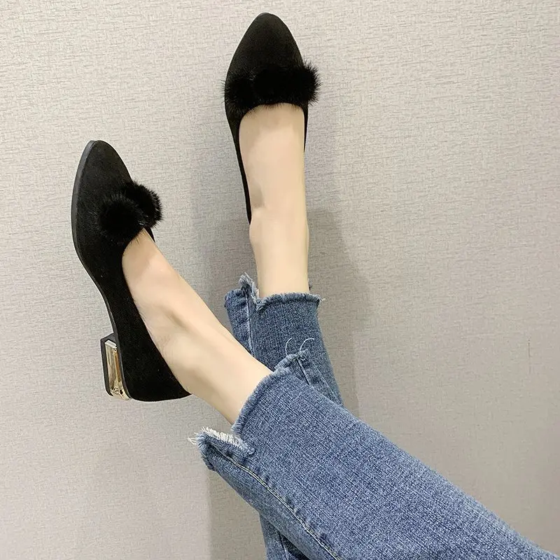 Women's Mary Jane Shoes Fur Ball Shoes Ladies Faux Suede Flats Women 2026 Pointed Toe Ballerina Femme Dress Office Loafers Comfy view 5