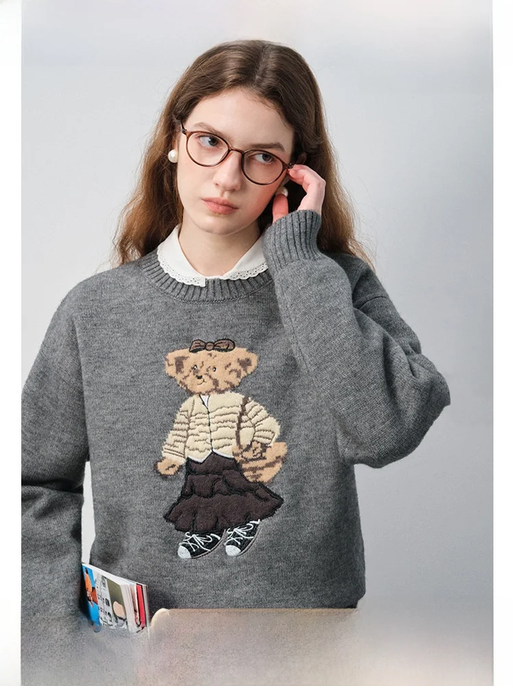 

VEGA CHANG Women's Knitted Sweater Bear Embroidery Soft Versatile Fall Vintage Sle Long Sve round Ne Breathable Comfor...