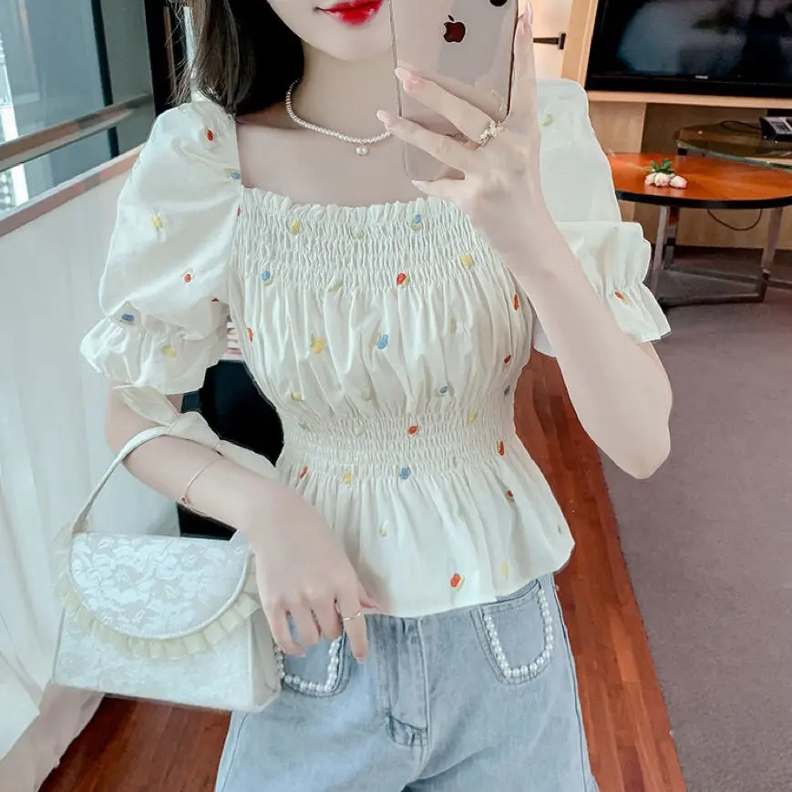 Summer New Square-Neck Floral Short-Sleeve Waist-Cinch Chiffon Top