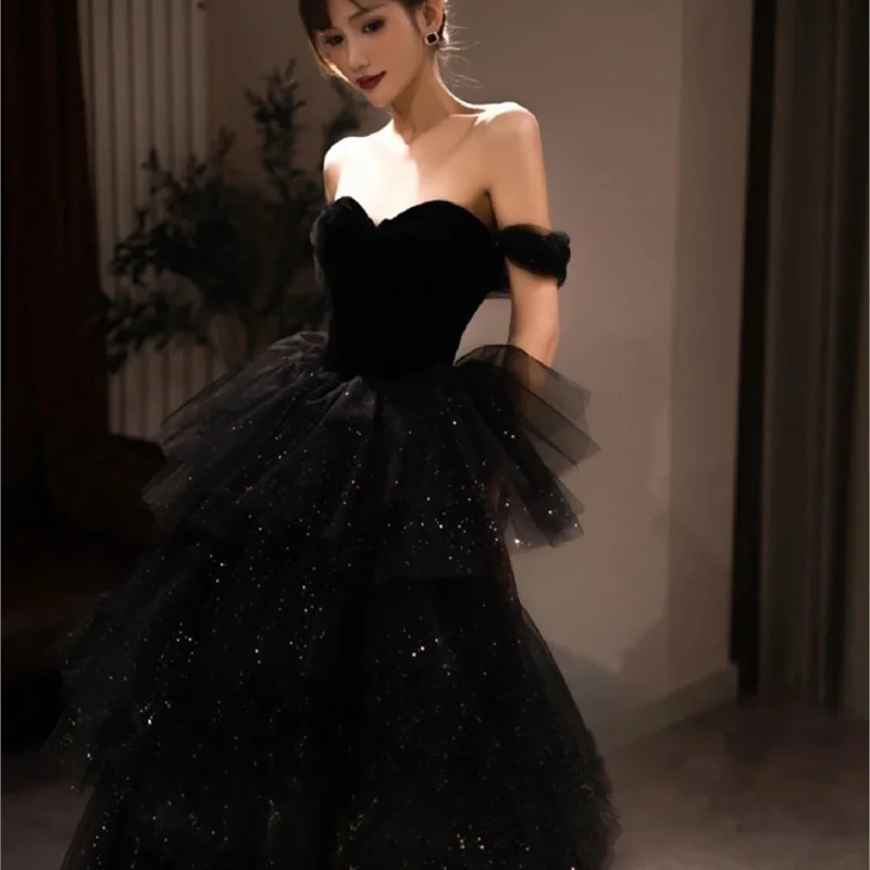 Black one-shoulder female light luxury minority coming-of-age ceremony pomp banquet host art test sense dress