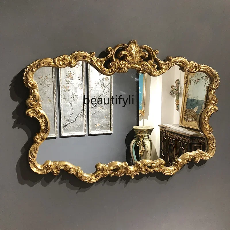 

European-Style Retro Golden Hallway Fireplace Decorative Mirror French Carved Dressing Table Makeup Bathroom Mirror