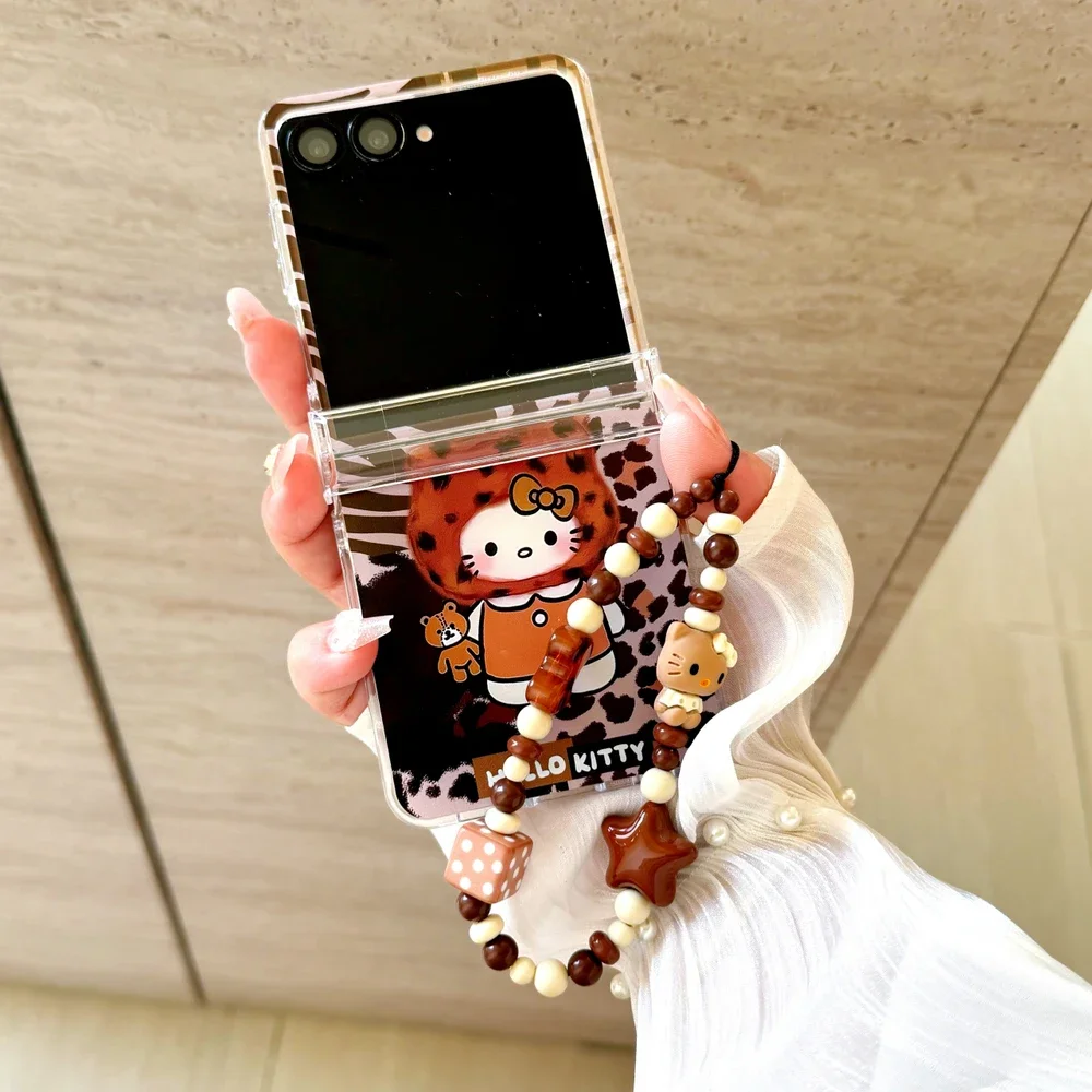 Милый мультяшный чехол Sanrio Hello Kitty с подставкой для телефона Samsung Galaxy Z Flip 6 5 4 3, прозрачный мягкий чехол из ТПУ со шнурком