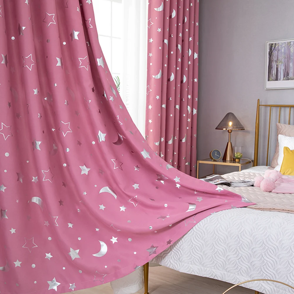 

1Pcs Simple Fashion Window Curtain Blackout Heat Insulation Silver Stars Moon Punching Installation 100x130cm Pink