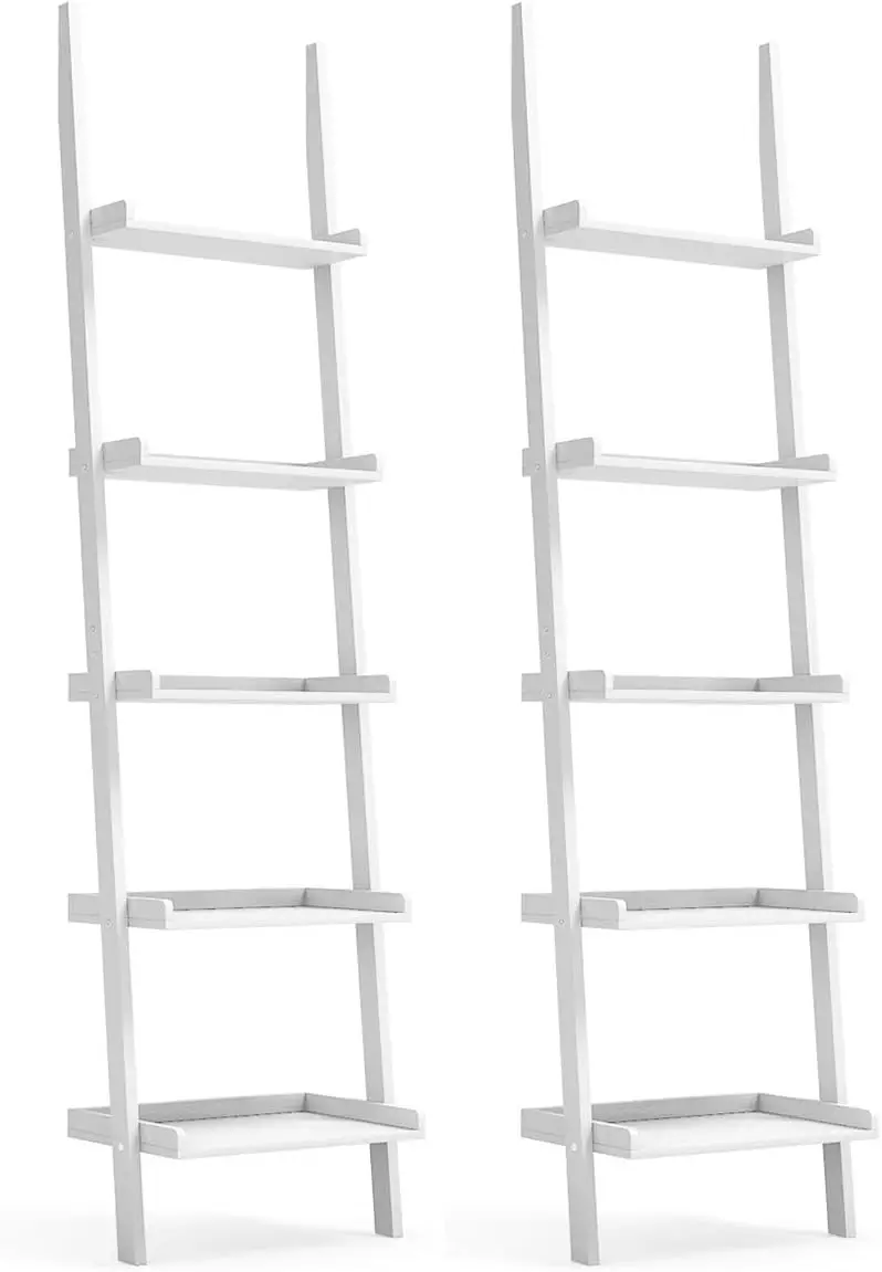 Scaffale moderno con scala in legno a 5 livelli, scaffale per esposizione di libri con piante bianche per l'home office