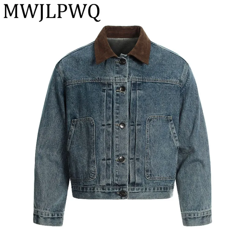 

MWJLPWQ модная осенняя американская модная уличная джинсовая куртка мужская винтажная индивидуальная свободная куртка с лацканами 21437