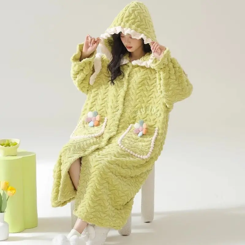 Big Size Sleepwear Flannel Robes Warm Bathrobe Women Long Sleeve Thick Loungewear Hooded Coral Fleece Cardigan Kawaii Clothes