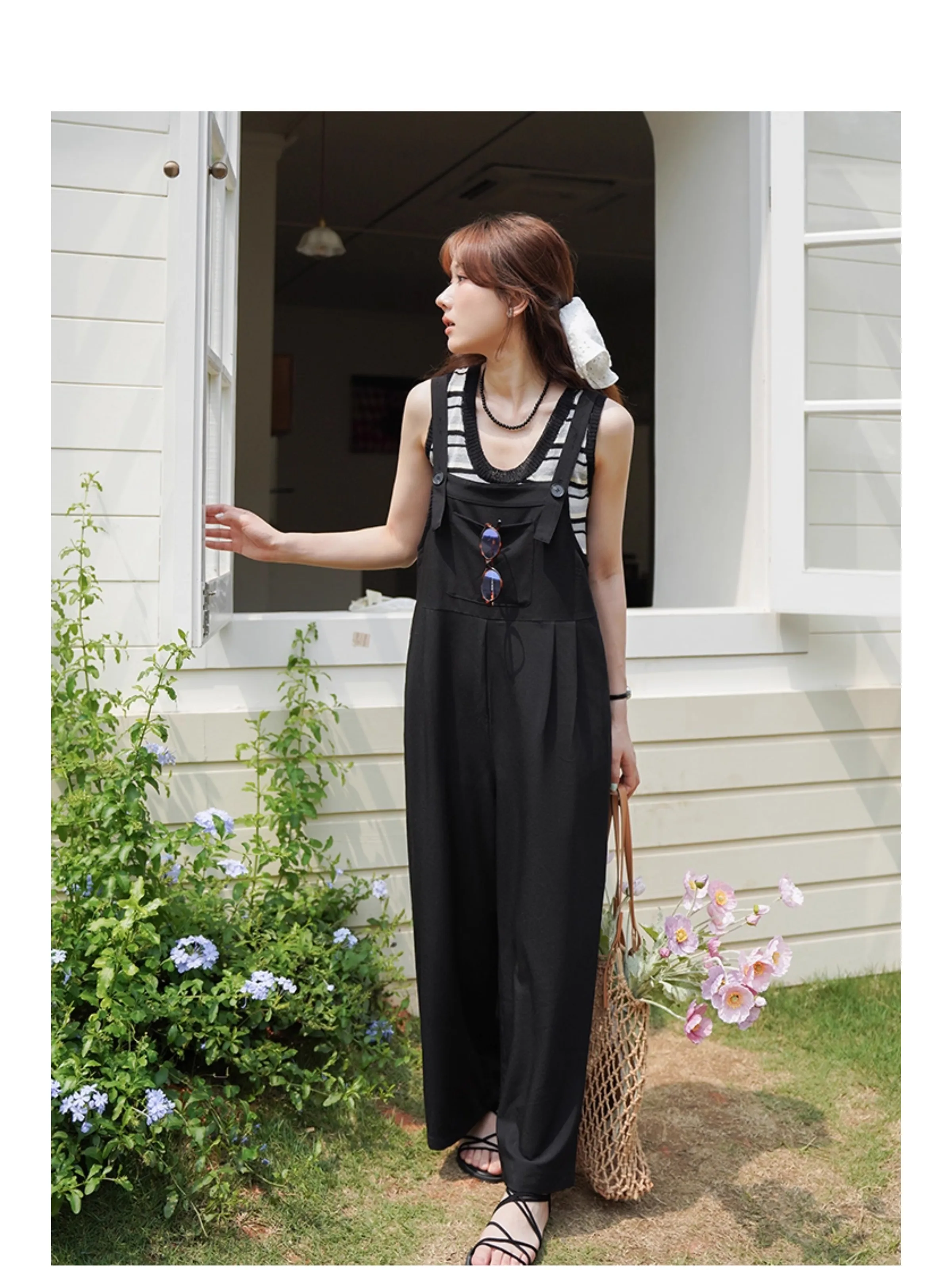 Vintage High Waist Overalls Women Summer Wide Leg Jumpsuit Adjustable Straps Fit Straight Leg Romper Petite Casual Street Style