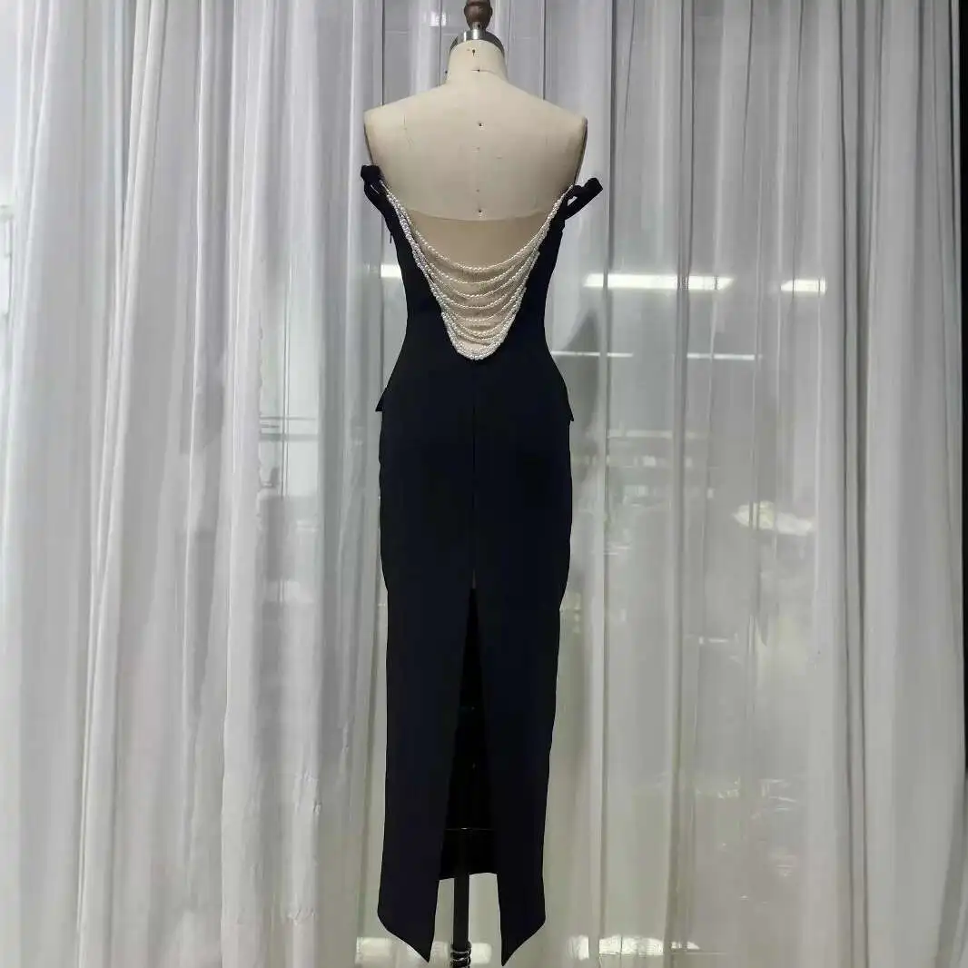 Autumn/winter Elegant Black Pearl Backless Off The Shoulder Dress High-end Banquet Dress, Long Night Party Club Dress