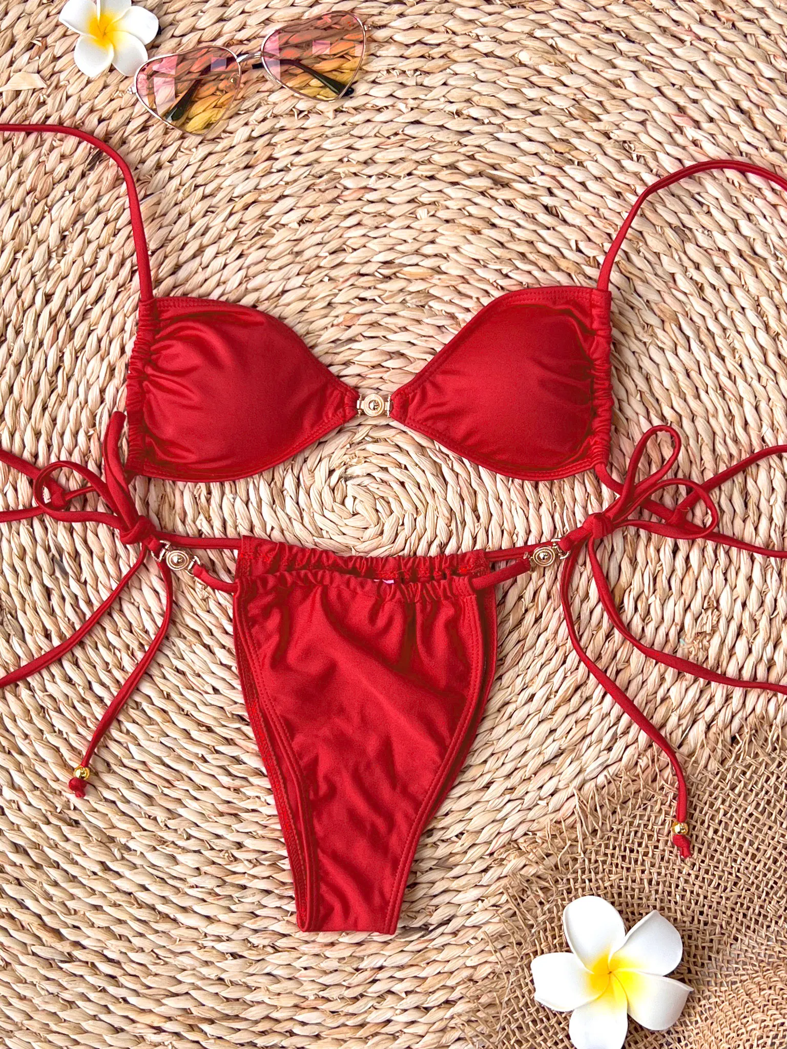 

Sexy Red Bandeau Bikini Top and Bottoms with Black Beads Perfect for Beach Wear and Pool Parties Summer Getaways Vacation Wear