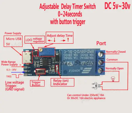 DC 5v 12v 24v Adjustable Trigger Delay Time Turn off Switch NE555 Timer Relay Module 0-24 Seconds Switch Off Timing Board