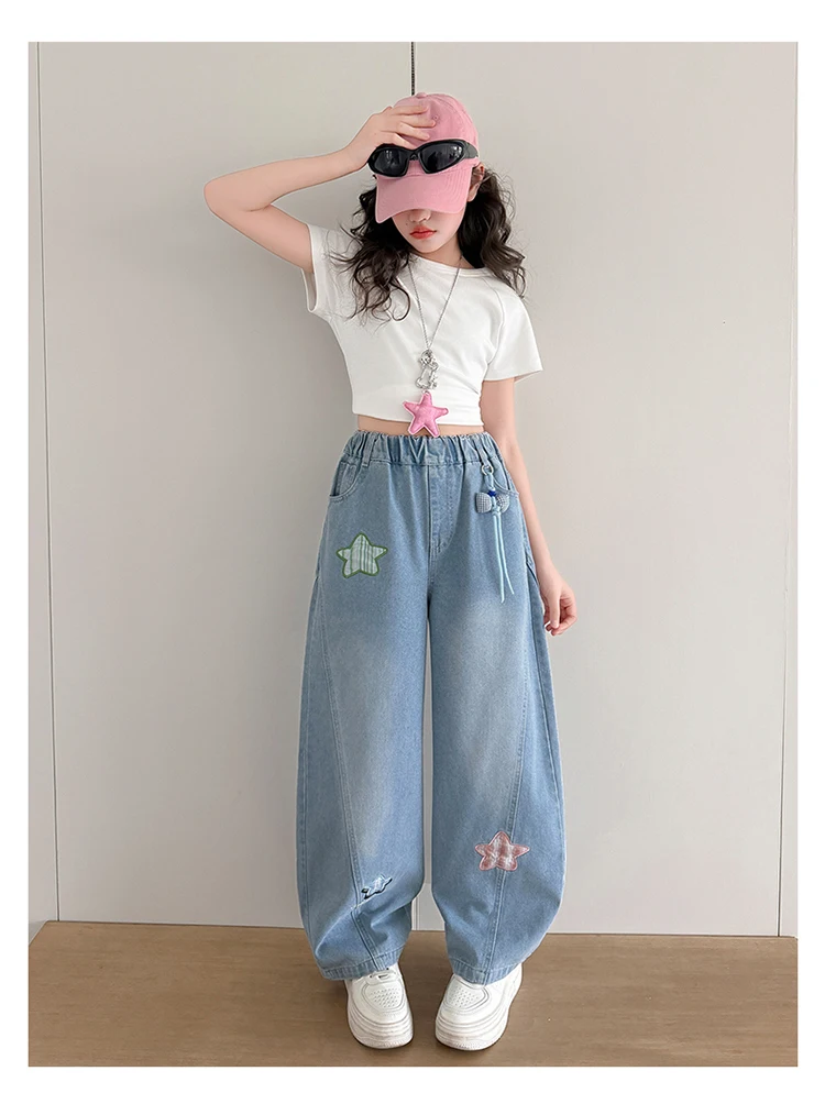 Neue Trendige Kinder-Jeans mit Anhänger für Teenager-Mädchen, Modische Street-Denim-Hosen, Kinder-Trendjeans 5-14 Jahre – Detail 4