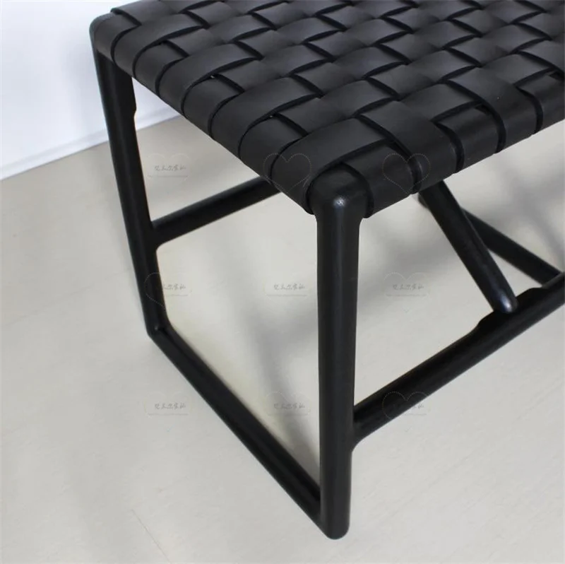 Designer niche ins saddle leather long stool retro cowhide woven medieval solid wood dining stool for shoes stool