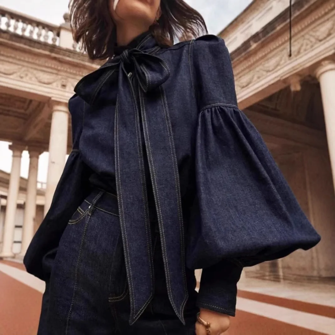 

Fashion Denim Shirt for Women Spring Autumn New Solid Color Bow Lace Up Lantern Sleeve Single Breasted Lady Commuting Shirt