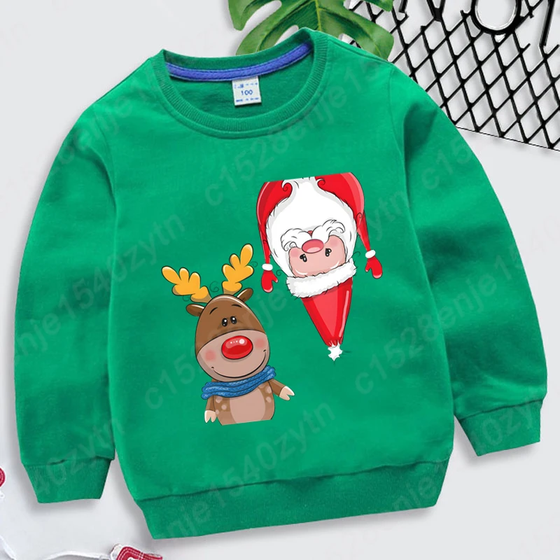 Christmas Reindeer Santa Claus Print Round Neck Pullovers Fashion Cool Soft Kids Casual Pullover Solid Color Hoodless Sweatshirt