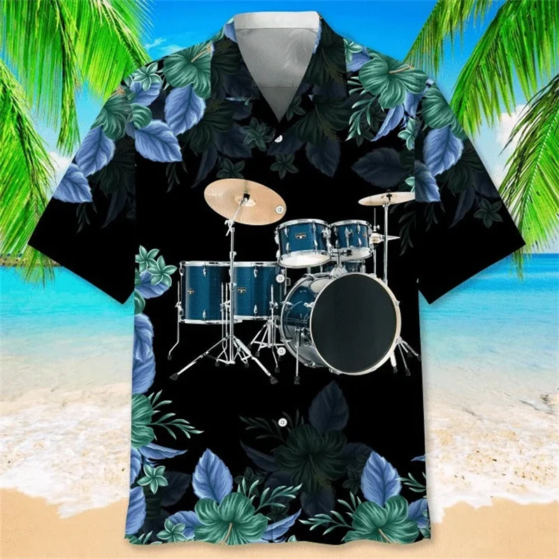 Music Guitar Pattern Hawaiian Shirt For Men Instrument 3D Print Blouse Casual Button Lapel Tops Loose Aloha Shirts Short Sleeves