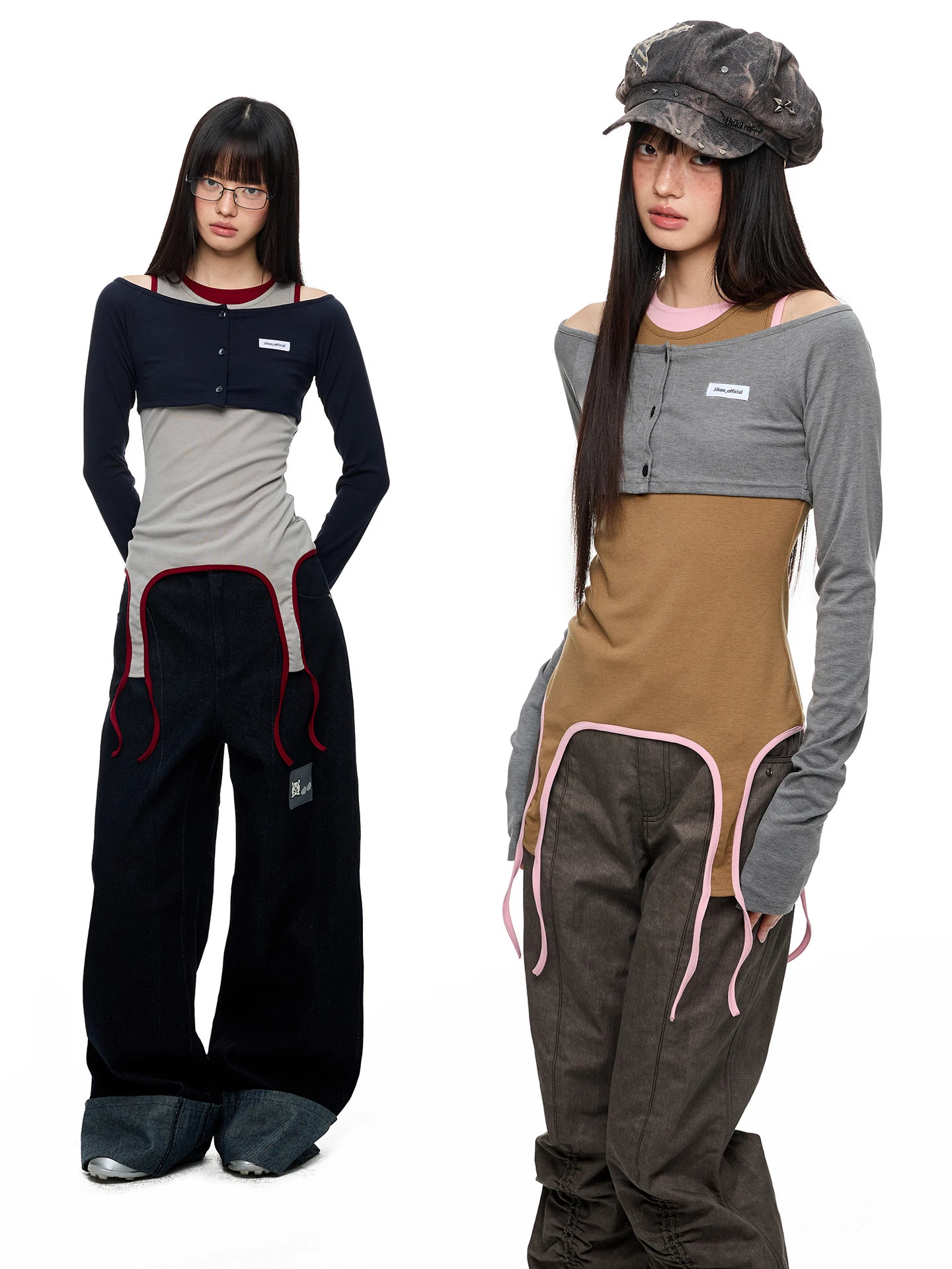 

JIKOO Women's Slim Fit Long Sleeve Knitted T-Shirt Top Design Sensation Layering Two-Piece Set Casual Style Polyester Blend