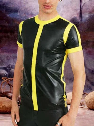 

Latex Coat Rubber Men Short Sleeve Handsome Jacket Black And Yellow Shirts Sizes XS-XXL