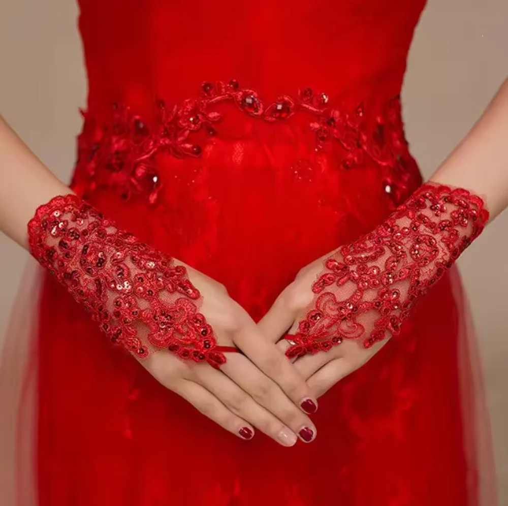 Guantes de boda de encaje de cristal para mujer, codo sin dedos, accesorio largo floral de marfil para novia