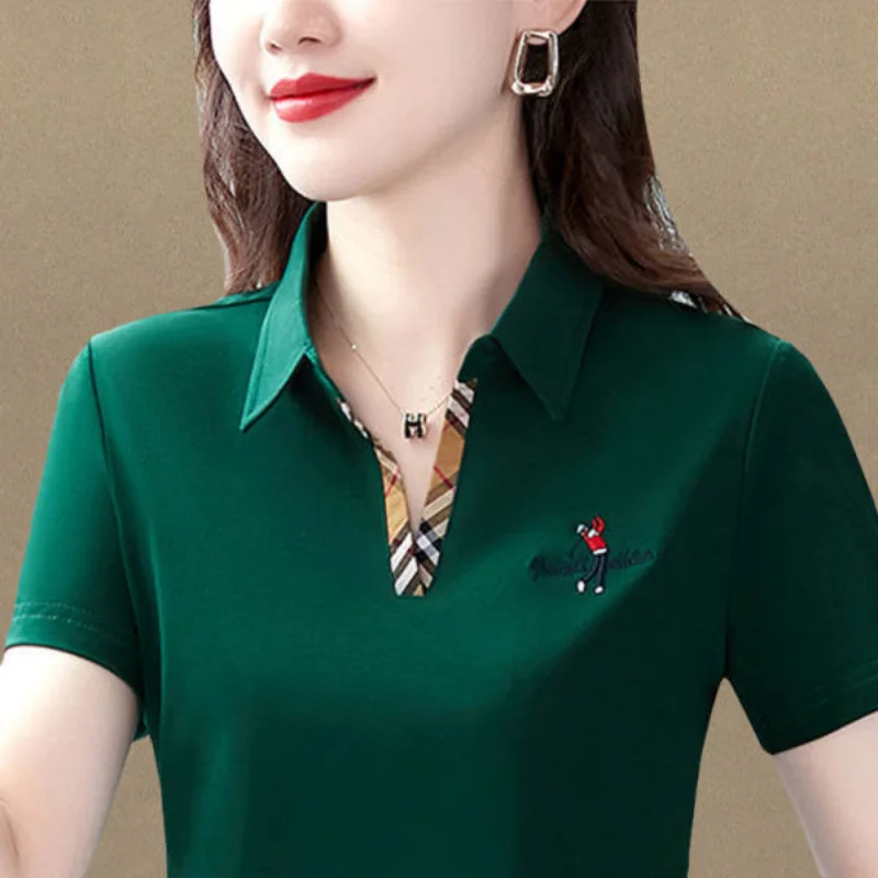 POLO Women 2024 Summer New Fashion Pure Cotton Summer Women Short Sleeve Golf Polo Shirt Loose Top Lapel Large Size T-shirt