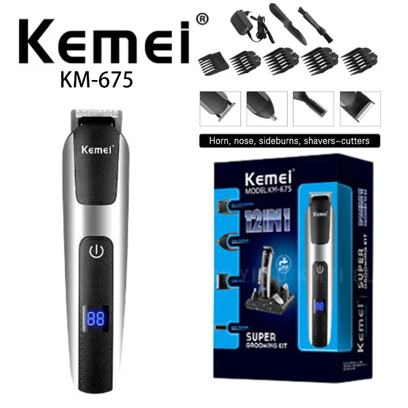 Kemei KM-675 5-In-1 Replaceable Blade Hair Clipper Imitation Leather Shell Electric Hair Clipper LED Display Hair Clipper Set