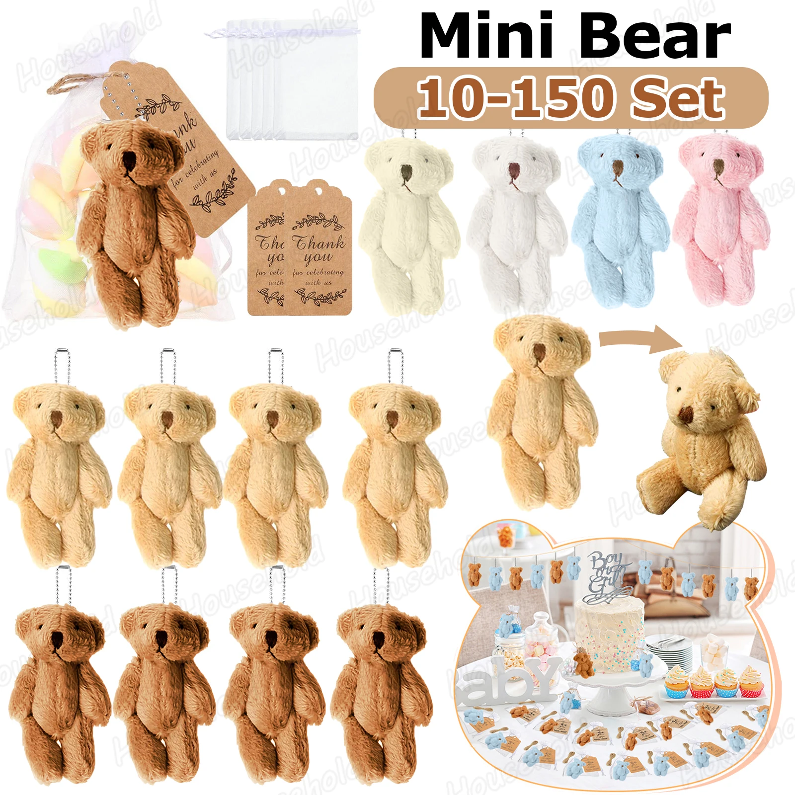 10-150Set Mini Bear Baby Shower Party Favors 6cm Joint Stuffed Small Bears Bear Keychain for Birthday Cake Wedding Mini Gifts