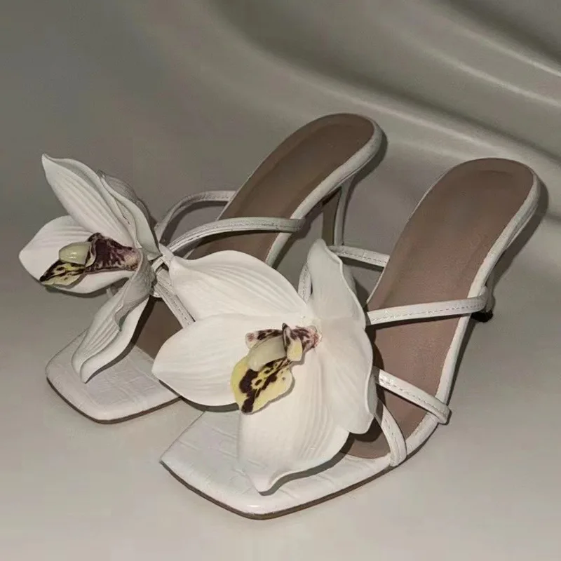 Floral Open Toe Thin Heel Roman Sandals for Women's 2024 Summer New European and American High Heels Wearing One Piece Slippers