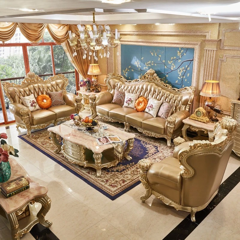 

Living room cowhide sofa European solid wood double-sided carved leather