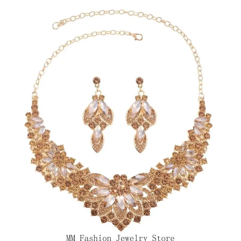 Faceted-Rhinestones Jewelry Set with Coordinated Necklace and Earrings, Vintage-Inspired Floral Forms and Alloy Construction