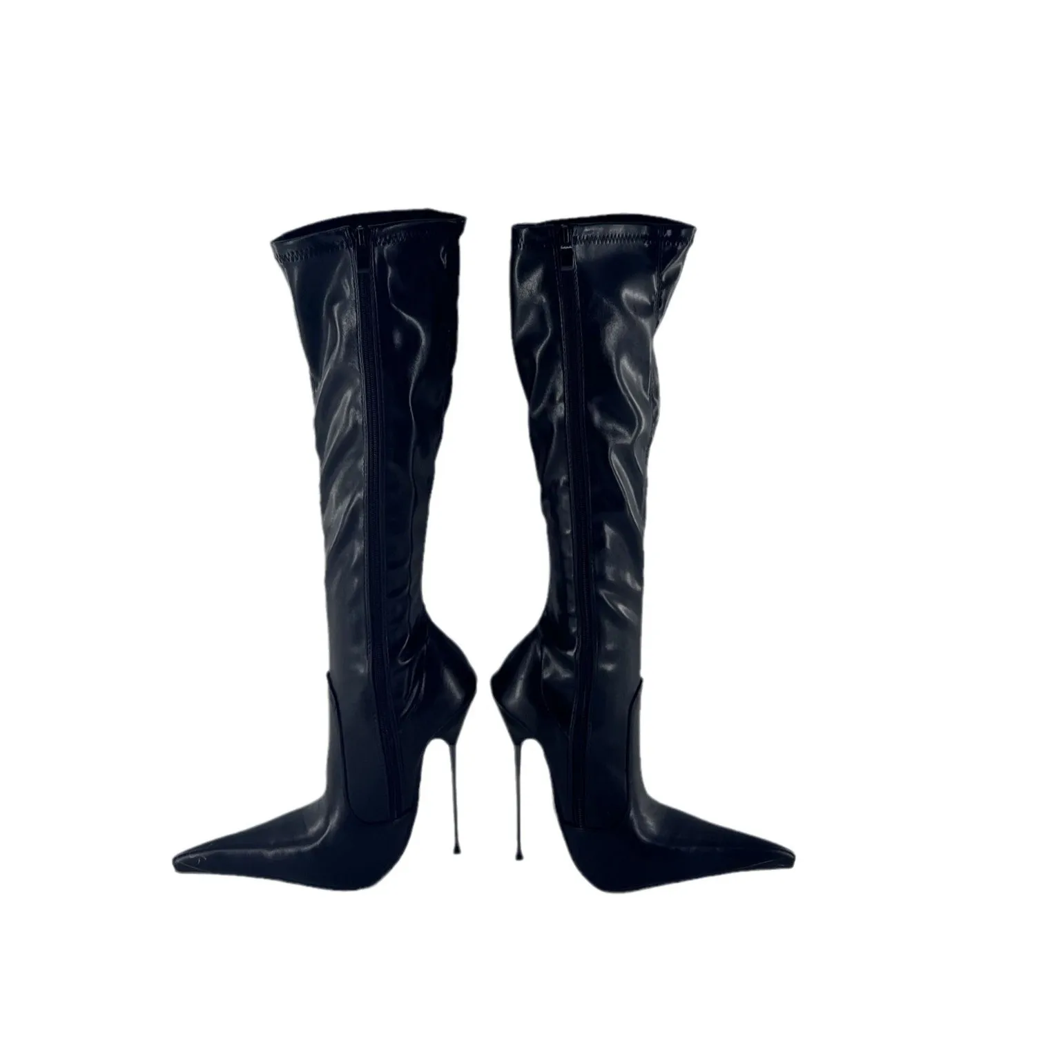 Sexy foggy top with long pointed heel knee boots calf wrap knee inside zipper 35 -45 for quick delivery