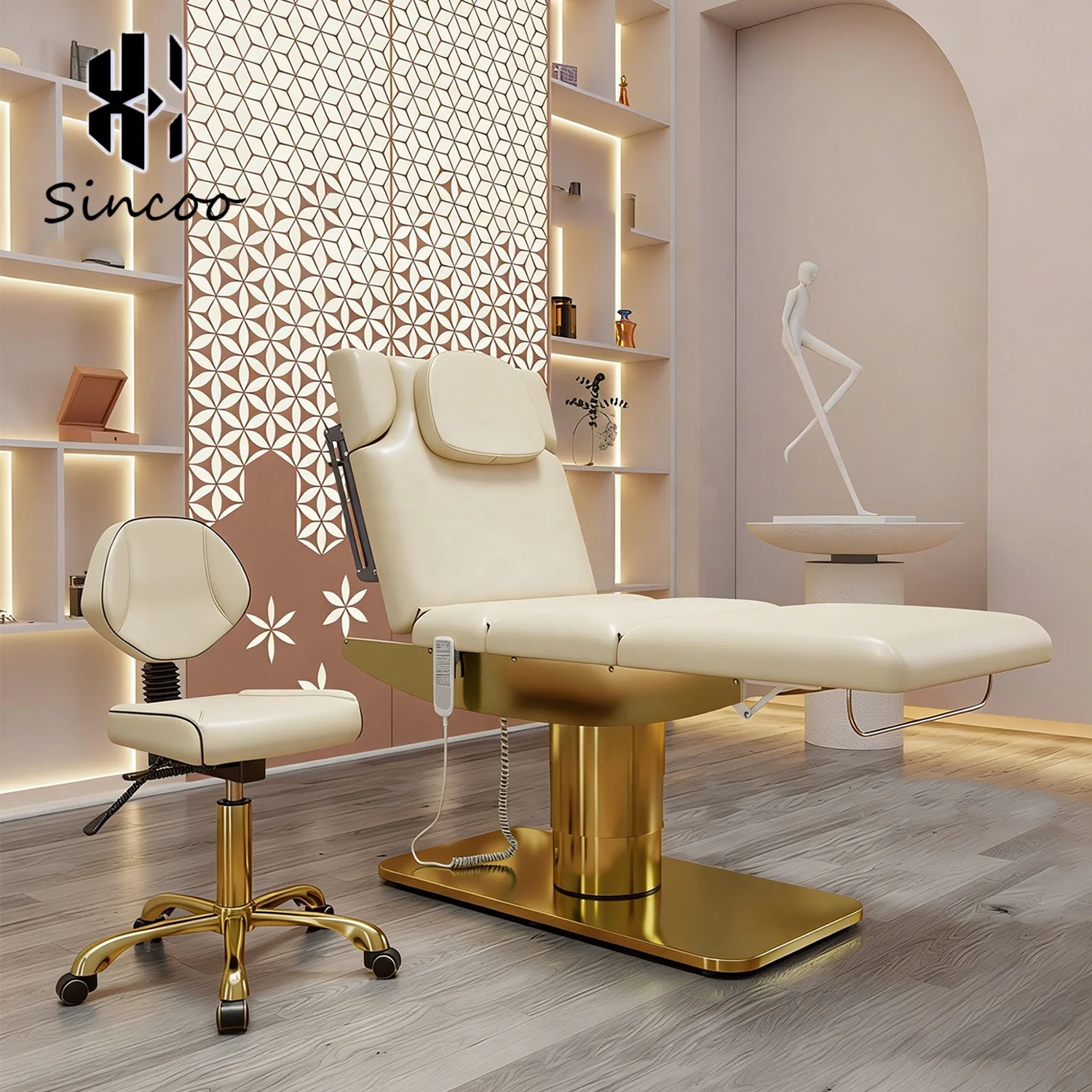 

Orange PU Gold Stainless Steel Base with Foot Control 3 Motors Beauty Massage Bed Spa Bed Facial Tattoo Bed for Beauty Salon