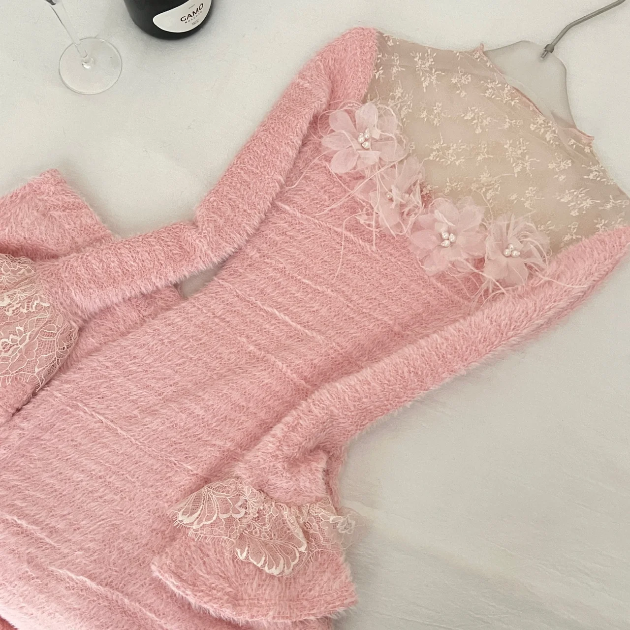 المرأة الخريف الشتاء أنيقة يزين ثلاثية الأبعاد الزهور ساحة الرقبة Bodycon فستان طويل سيدة مثير مضيئة كم سليم محبوك فستان #4