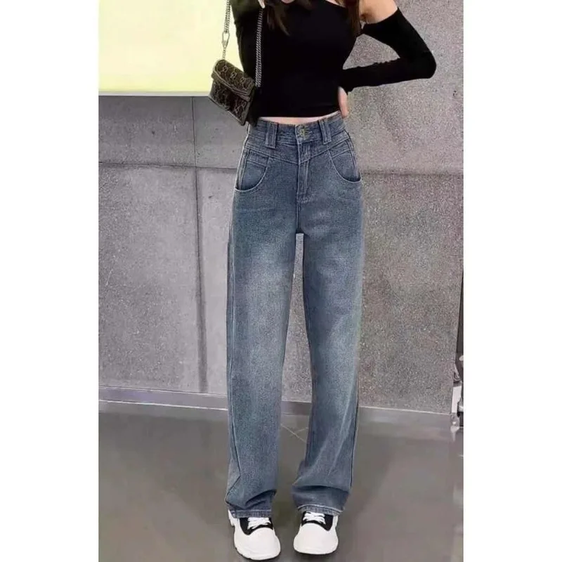 Schwarze Jeans mit geradem Bein für Damen, neuer Herbststil, Übergröße, mollige Mädchen, hoch taillierte, hüftbedeckende, lange Hosen mit Sternenhimmel und weitem Bein