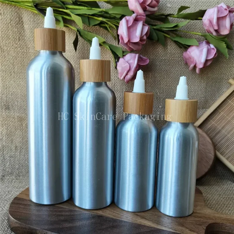 

round Empty Aluminum Bottles With Bamboo Twist Lid Caps Travel Cosmetic Bottles，shampoo soap lotion bottle with wooden caps