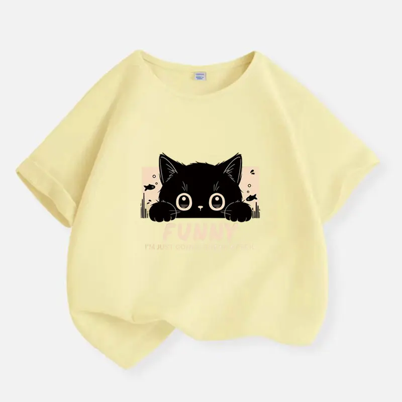 Summer Kids Interesting Kawaii Black Cat T-shirt Print Girls Tshirt Children Short Sleeve T Shirt Fashion Cotton Tee Clothes