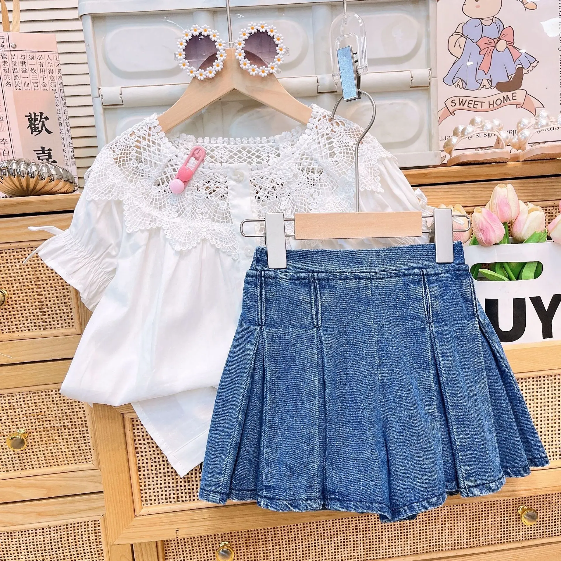 

2025 girls summer children's clothing new lace doll shirt top plus denim half-body skirt two-piece set 100-140cm