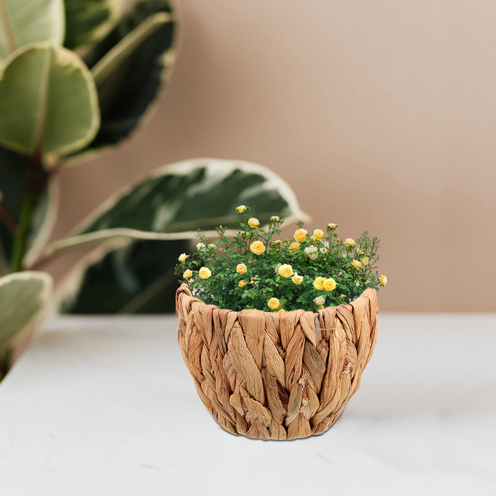 

1pcs Grass Woven Storage Basket With Waterproof Liner Round Seagrass Organizer For Laundry Flower Plant Holder Home Garden