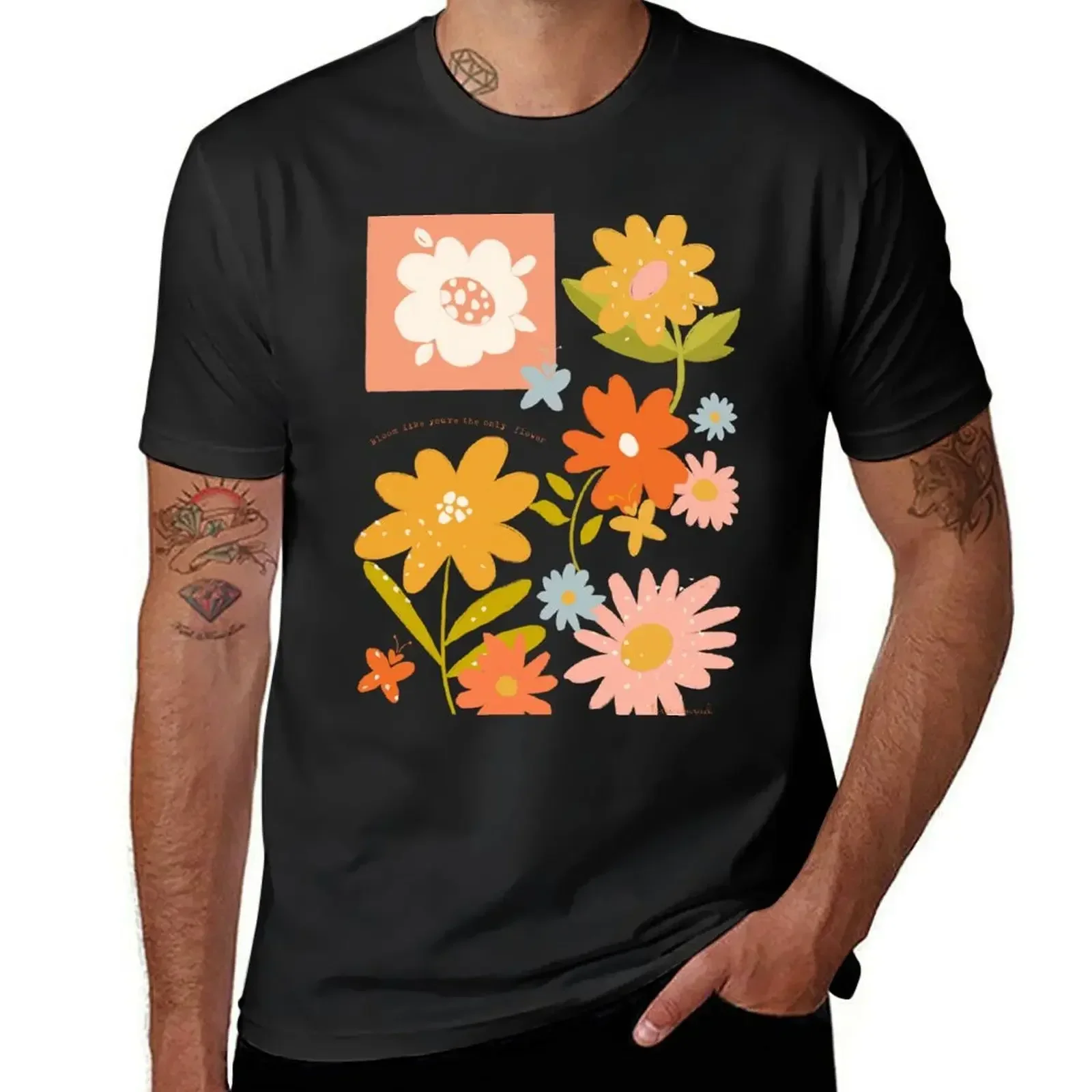 Modern Folk Art Flowers - Yellow, pink, coral, blue - Bloom quote T-shirt oversizeds tops boys whites slim fit t shirts for men