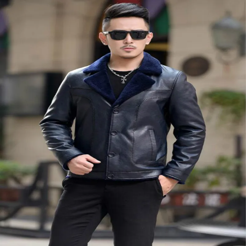 Winter New Leather Clothes Men Shorts Jacket Suit Lapels Slim Male Fashion Motorcycle Fur One Coat Plus Velvet Casual Outerwear