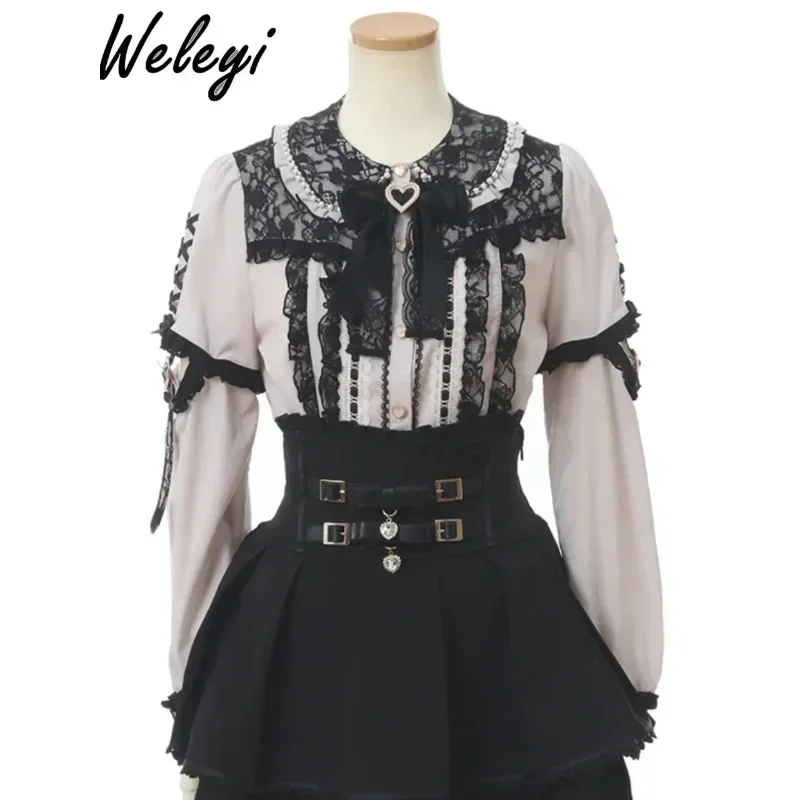 Japanese Jirai Kei Lolita Blouse Women\'s Fashion 2024 Spring New Mine Series Sweet Detachable Sleeve Lace Patchwork Black Shirts