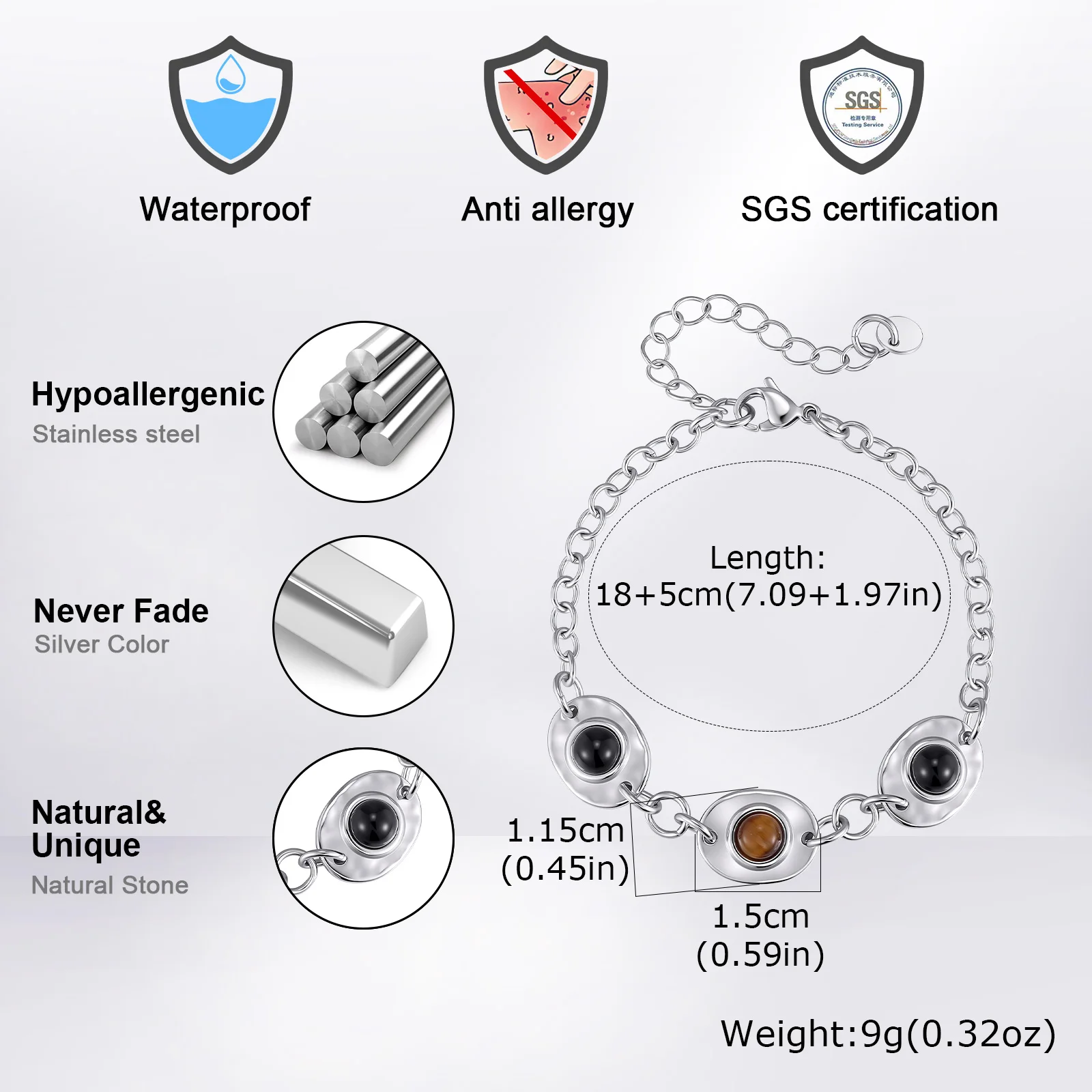 Neues Kettenarmband für Männer, Glücksbringer Heilendes Naturstein-Armband, Hip-Hop Edelstahl-Kettenarmband Geschenk – Detail 1