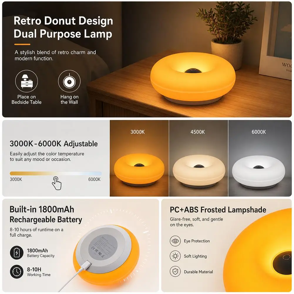 Donut Shaped LED Table Lamp Dimmable Warm Vintage Ambient Night Light for Bedroom Living Room Home Decor Gift Touch‑Control