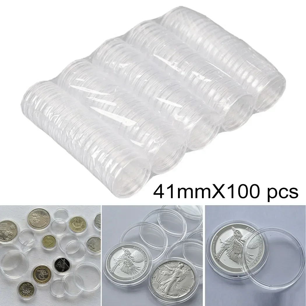 100pcs Transparent Round Boxes Coins Collection Large Capacity Plastic Capsules Cases 41mm*100 Capsules 1oz Coins Box Home