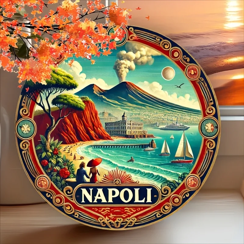 1pc napoli sinal de arte de parede de metal vintage-8x8 Polegada placa de alumínio redonda com cena de ilha havaiana vibrante, durável e fácil de ha