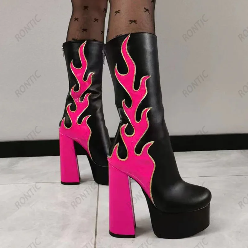 Rontic Women Winter Mid Calf Boots Flame Pattern Platform Chunky Heels Round Toe Pretty Pink White Red Party Shoes US Size 5-15