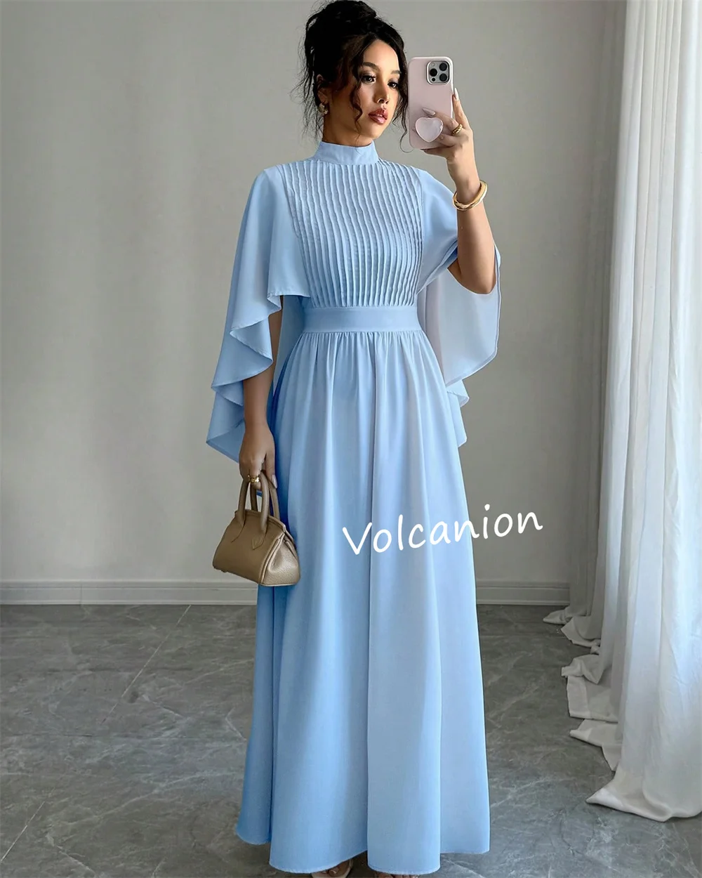 تخصيص الشيفون كشكش الطية ألف خط الياقة العالية فساتين متوسطة الطول مناسبة مخصصة العودة للوطن عادية بسيطة أنيقة