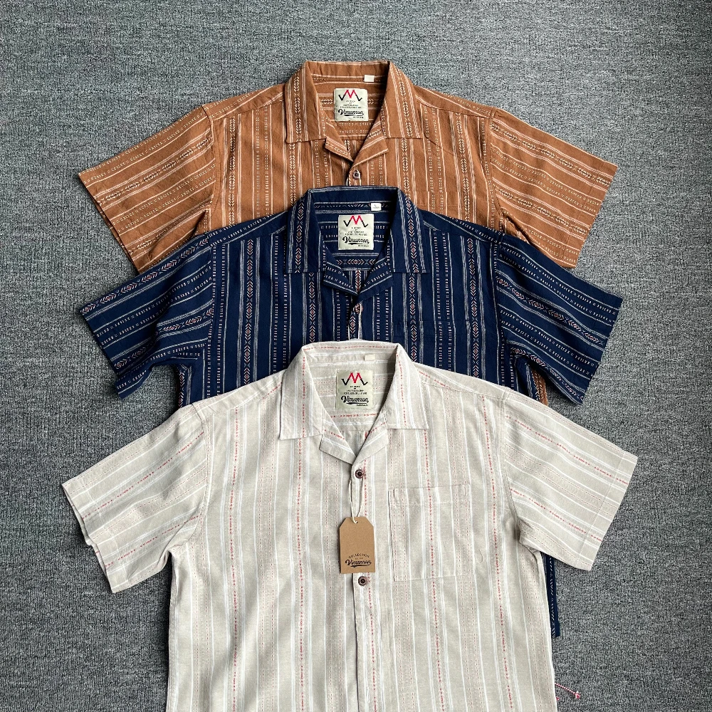 

116# Summer New American Retro Short Sleeve Cuban Collar Striped Shirt Men's Ethnic Style 100% Cotton Washed Thin Casual Tops