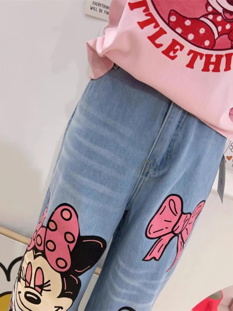 2024 Summer New Thin Loose Elastic Back Waist Sweet Cute Cartoon Printed Wide Leg Jeans For Women's Kawaii Baggy Denim Trousers