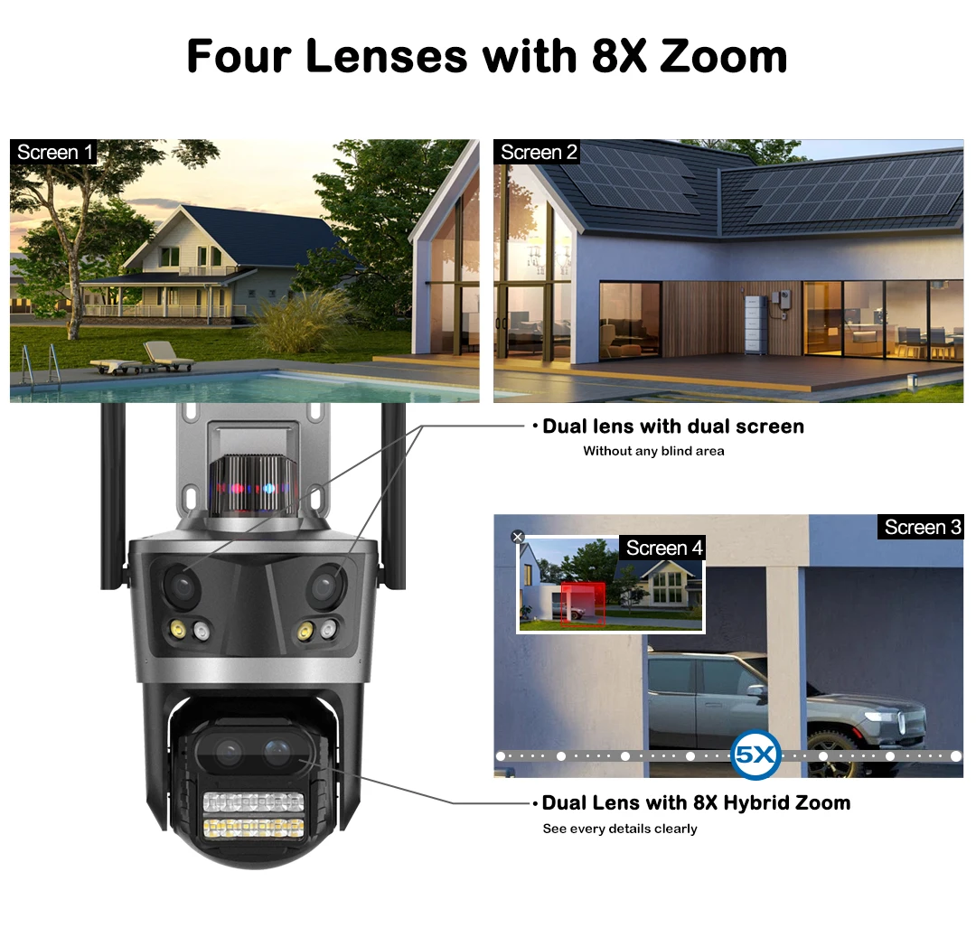 Hongnaer 16MP 8K ICSee 8X Zoom أربعة عدسات للرؤية الليلية الذكية اللاسلكية CCTV PTZ IP المنزل في الهواء الطلق كاميرا أمان WiFi