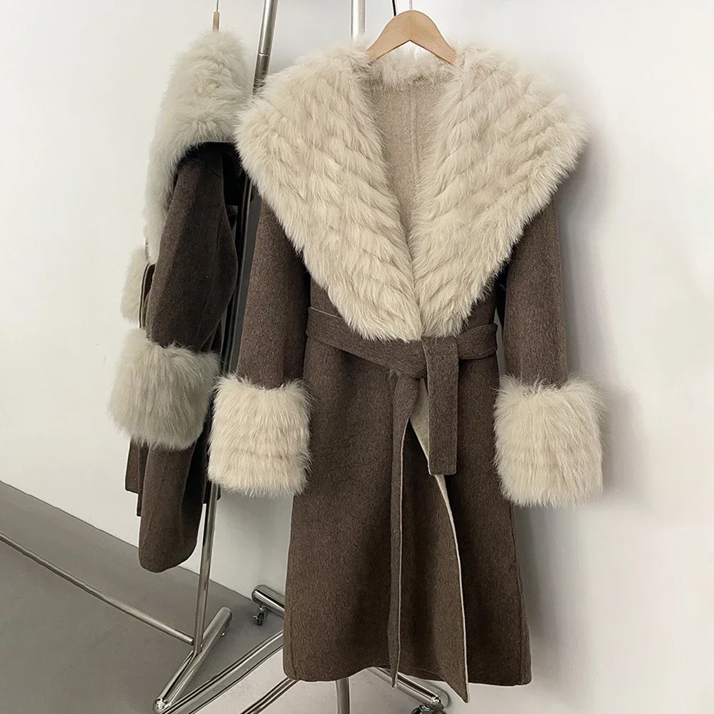 

Real Fox Fur Women Warm Reality Fur Jacket Long Wool Coat New Autumn Winter Thick Natural Fur Double-sided Woolen Jacket Female